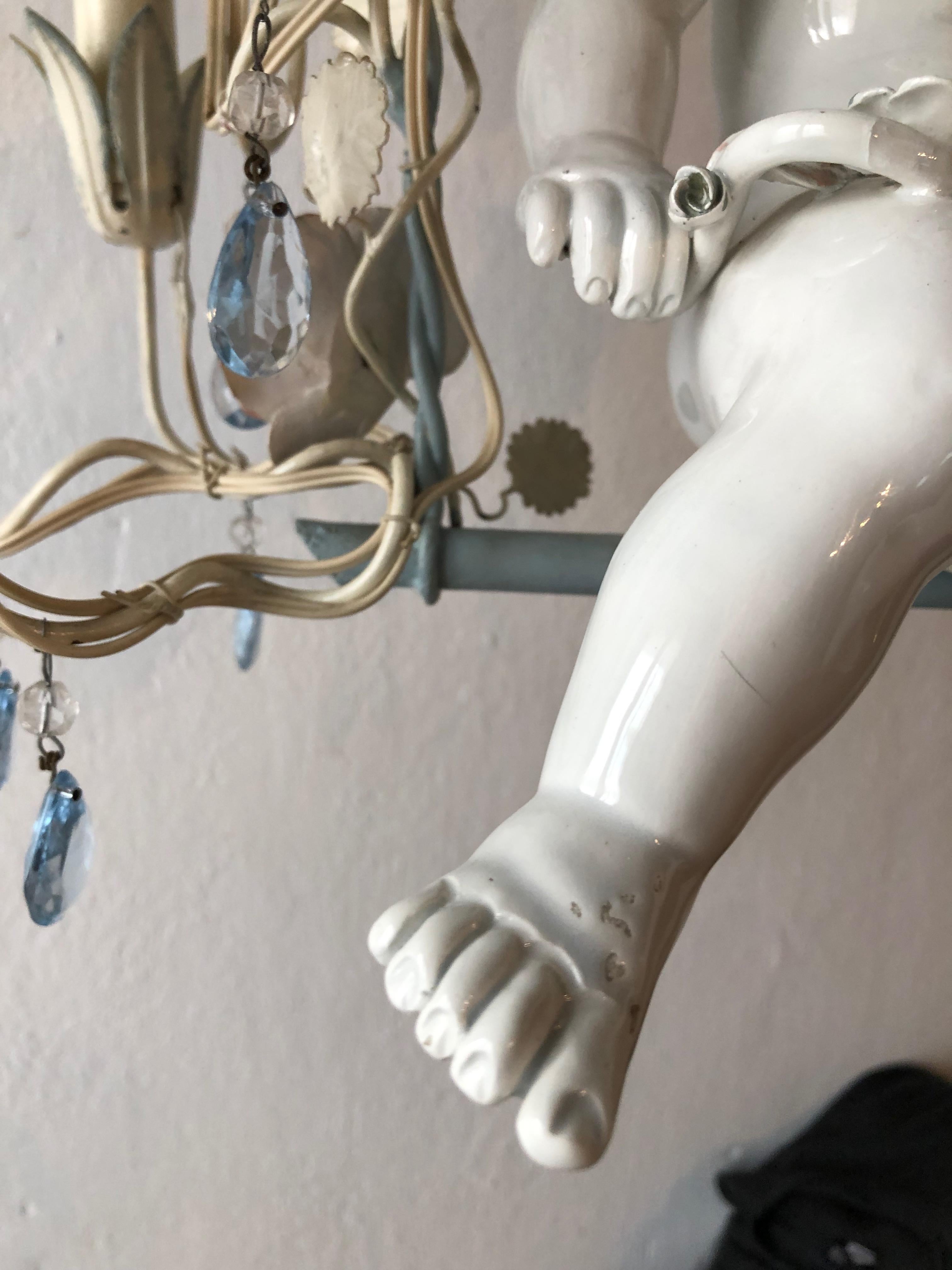 French Huge Porcelain Cherub Swinging Roses Chandelier Blue Tole, circa 1920 3