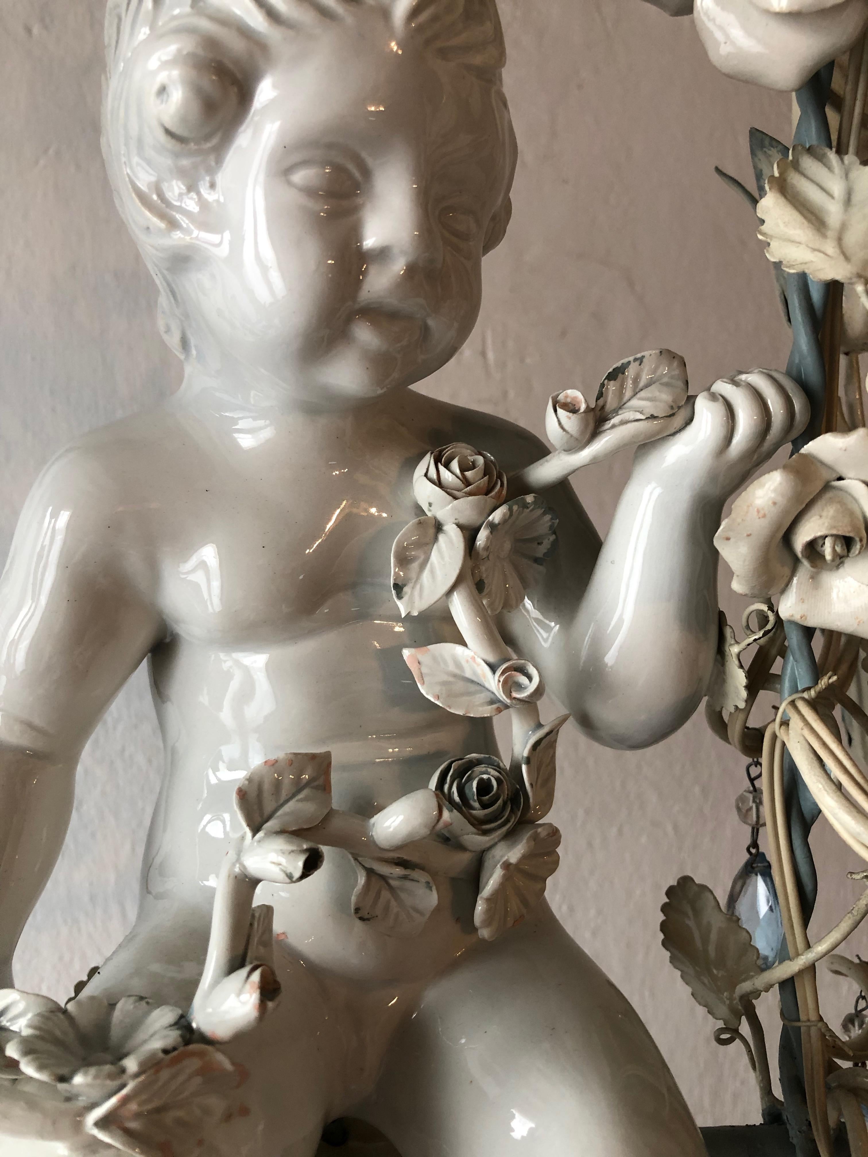 French Huge Porcelain Cherub Swinging Roses Chandelier Blue Tole, circa 1920 4