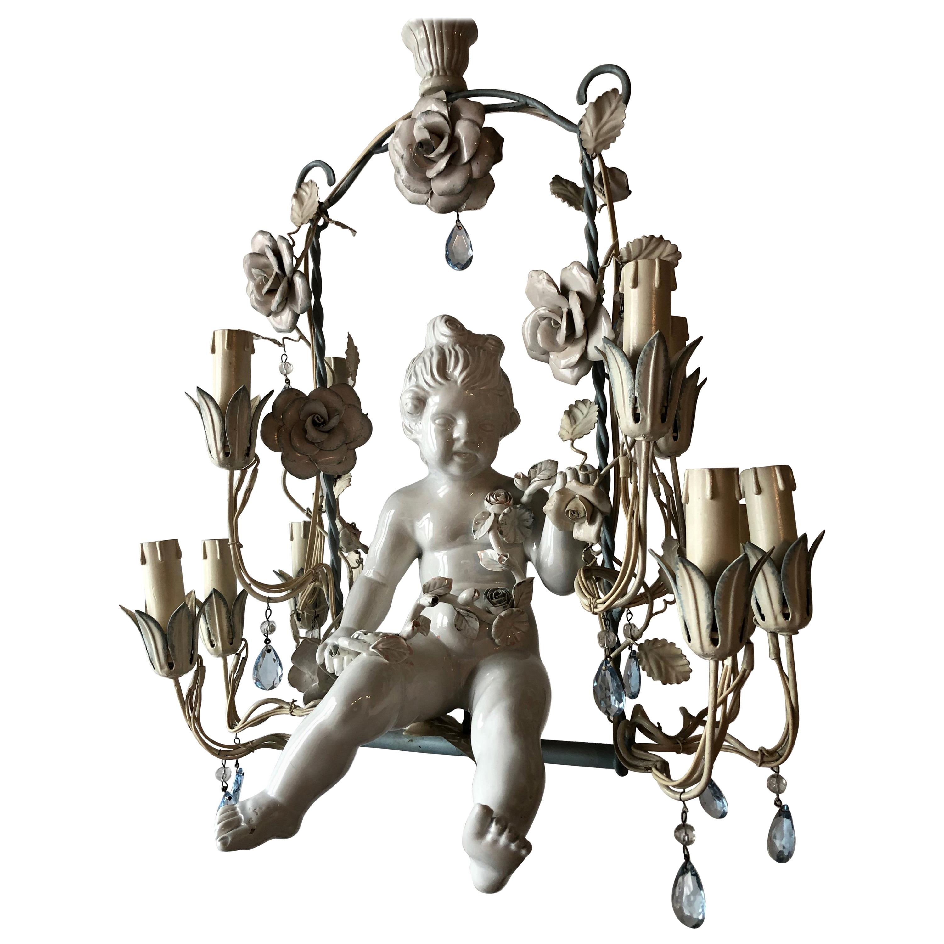 French Huge Porcelain Cherub Swinging Roses Chandelier Blue Tole, circa 1920