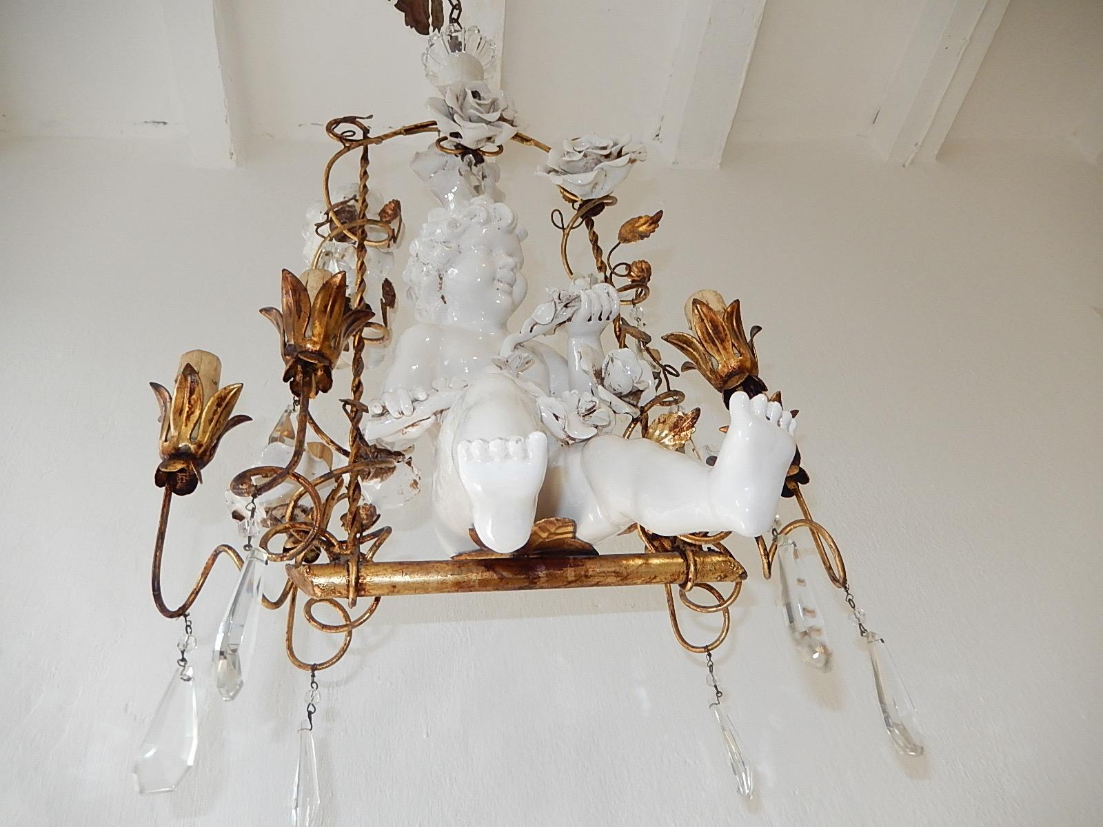 French Huge Porcelain Cherub Swinging Roses Chandelier, circa 1940 In Good Condition In Modena (MO), Modena (Mo)