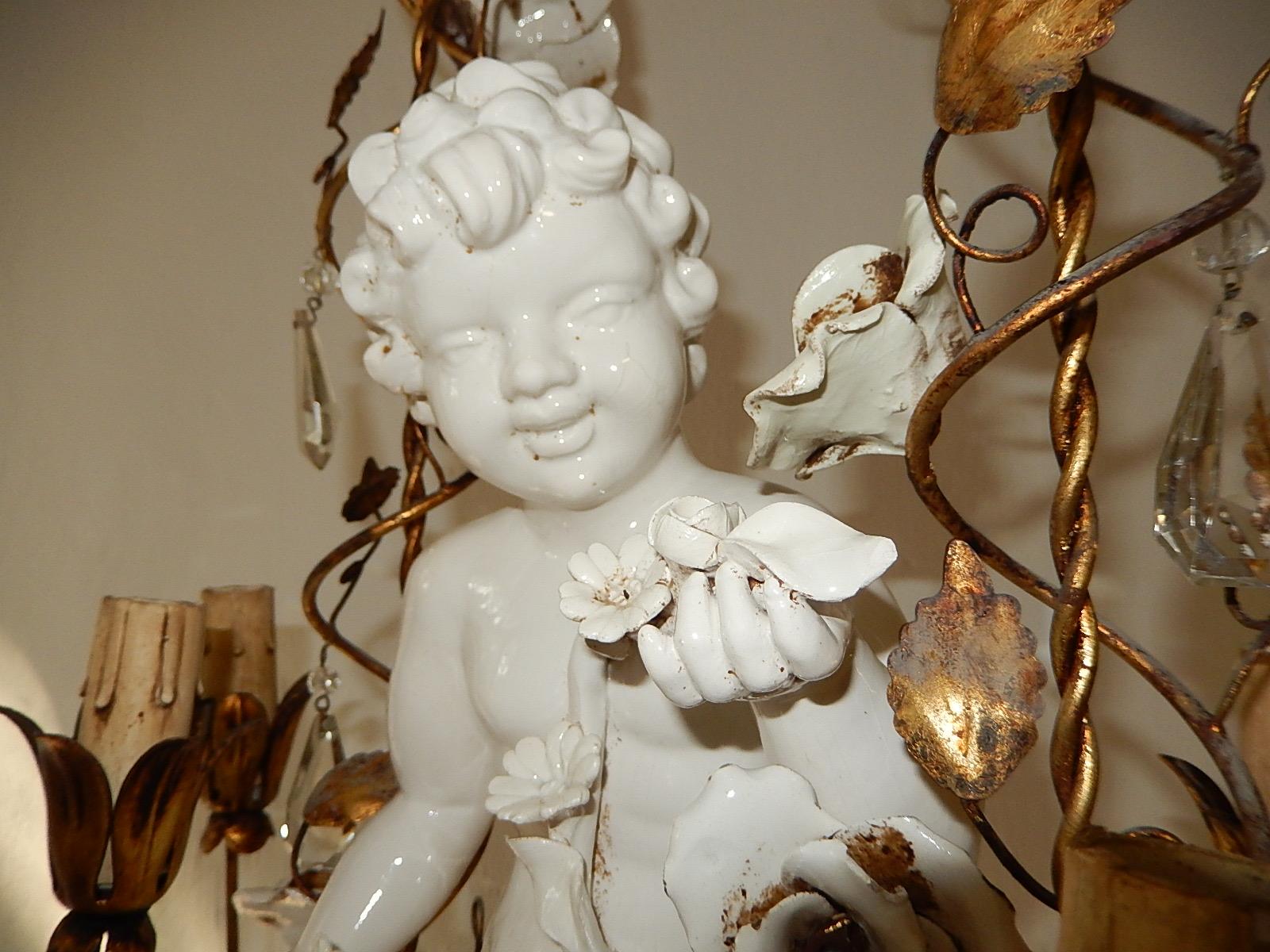 Crystal French Huge Porcelain Cherub Swinging Roses Chandelier, circa 1940