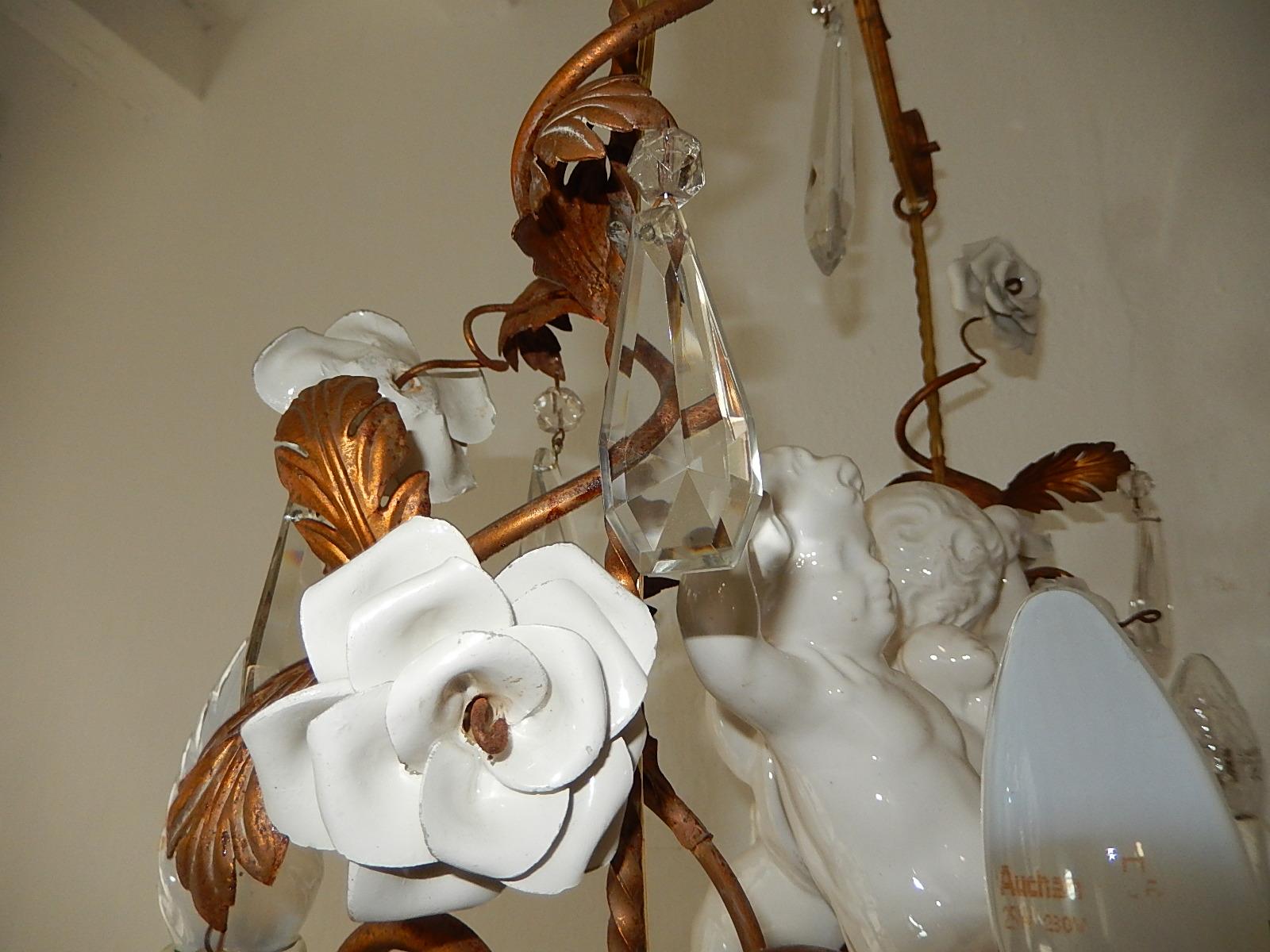 French Huge Porcelain Two Cherubs Swinging Roses Chandelier circa 1950 For Sale 2