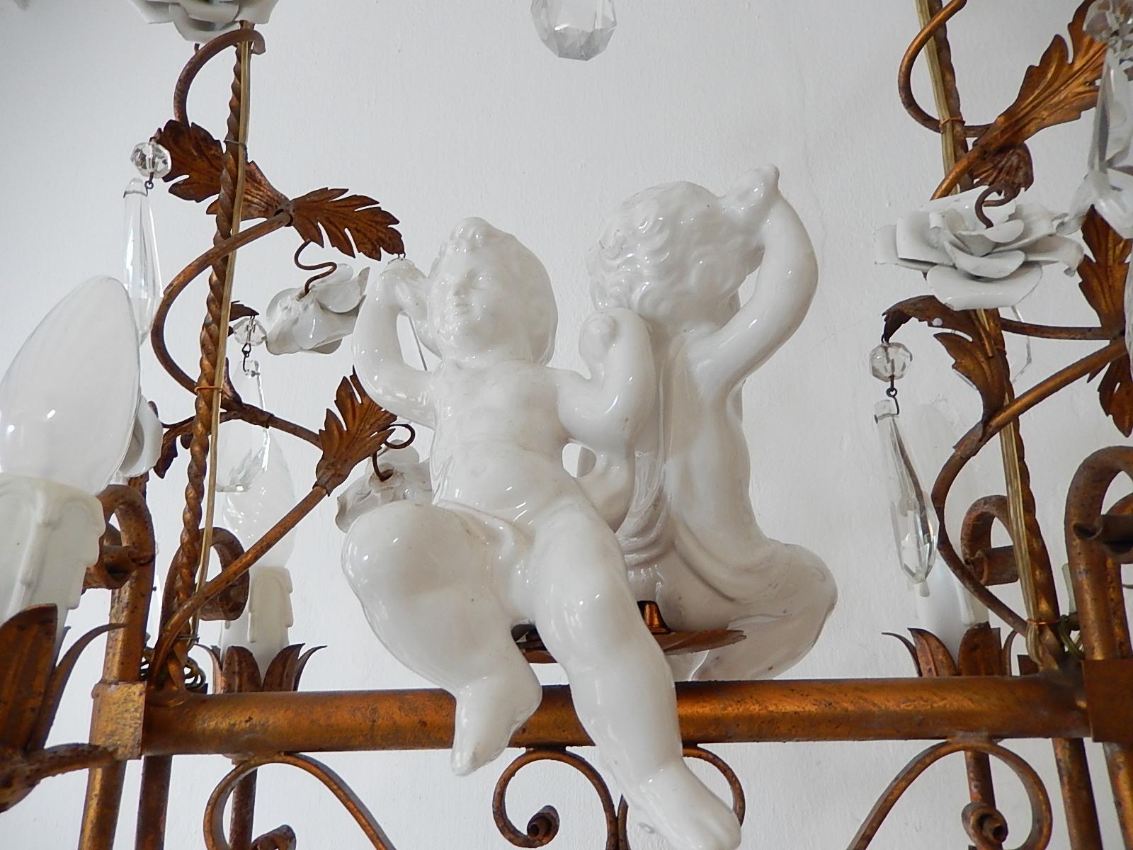French Huge Porcelain Two Cherubs Swinging Roses Chandelier circa 1950 For Sale 3