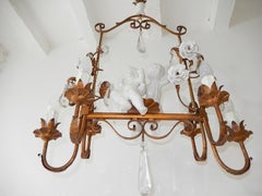 French Huge Porcelain Two Cherubs Swinging Roses Chandelier circa 1950