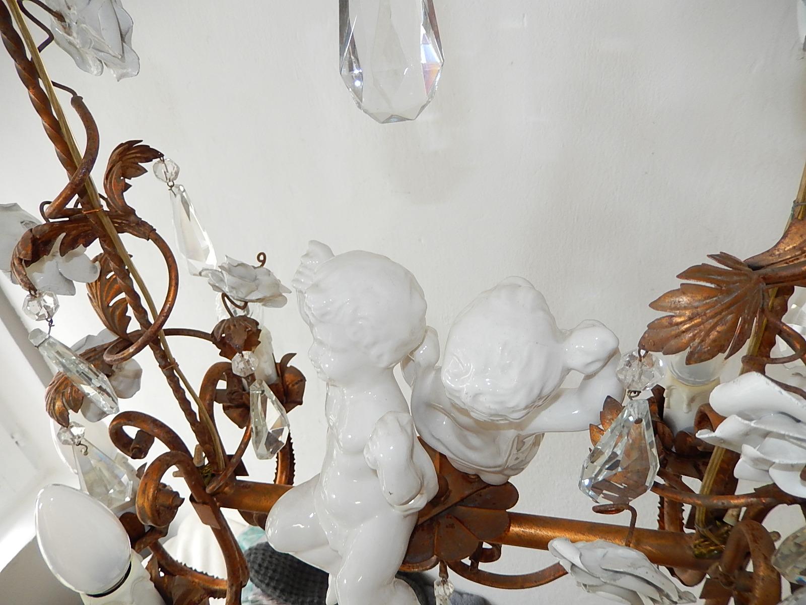 Crystal French Huge Porcelain Two Cherubs Swinging Roses Chandelier circa 1950 For Sale