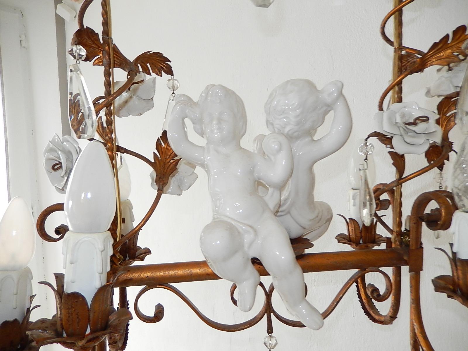 French Huge Porcelain Two Cherubs Swinging Roses Chandelier circa 1950 For Sale 1