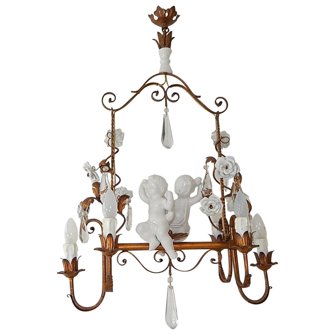French Huge Porcelain Two Cherubs Swinging Roses Chandelier circa 1950 For Sale