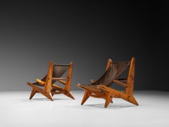 French Hunting Chairs in Pine and Brown Leather
