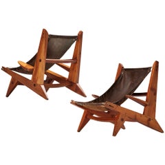 French Hunting Chairs in Pine and Brown Leather