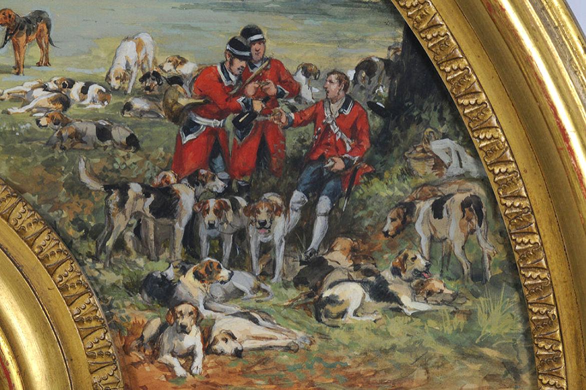 Our watercolor on paper of a fox hunting scene in lunette shaped giltwood frame, entitled Après la chasse (After the Chase) was painted by Charles Olivier de Penn (1831-1897).  Signed in lower left, Ol. de Penne. with brass nameplate as well.  Frame