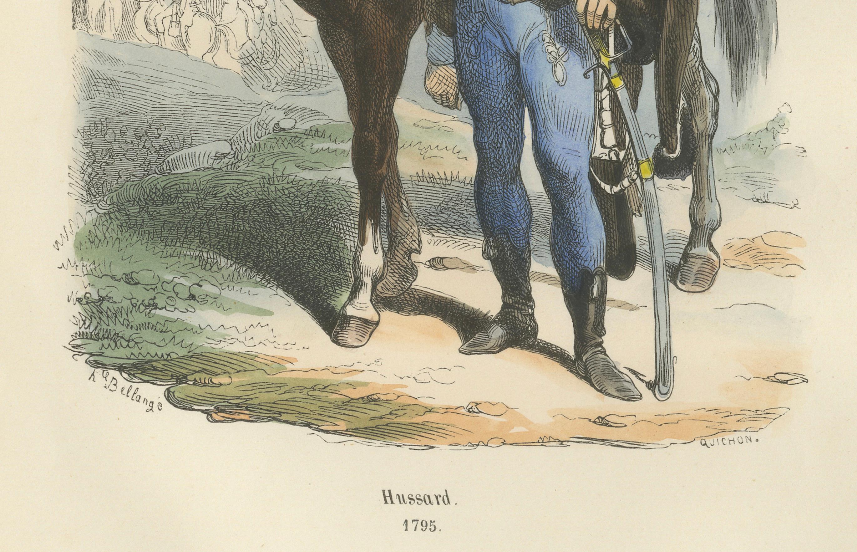 French Hussar with Horse 1795, Napoleonic Era Military Uniform Print, 1843