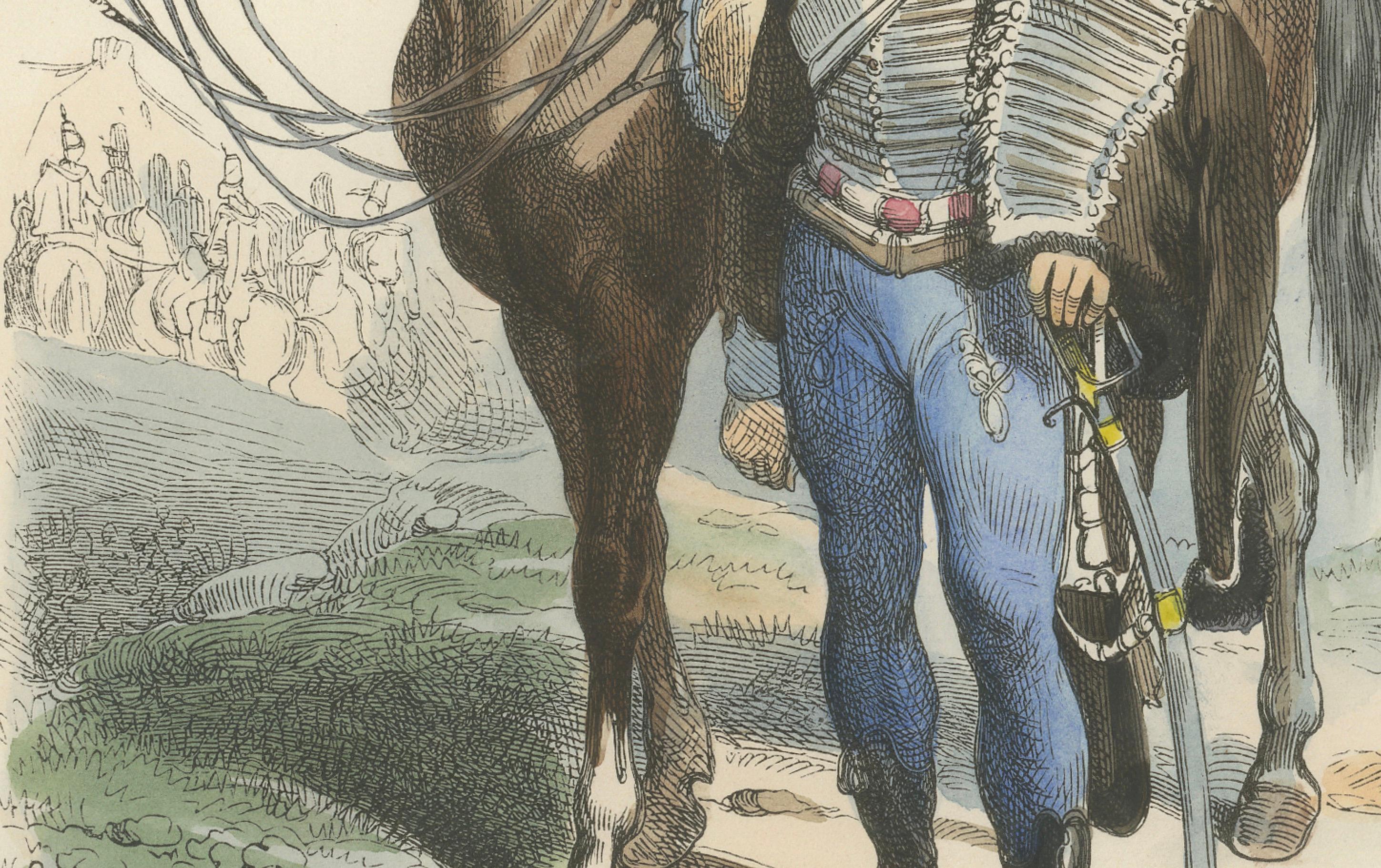 French Hussar with Horse 1795, Napoleonic Era Military Uniform Print, 1843