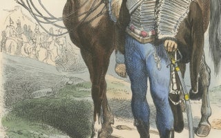French Hussar with Horse 1795, Napoleonic Era Military Uniform Print, 1843, view 3