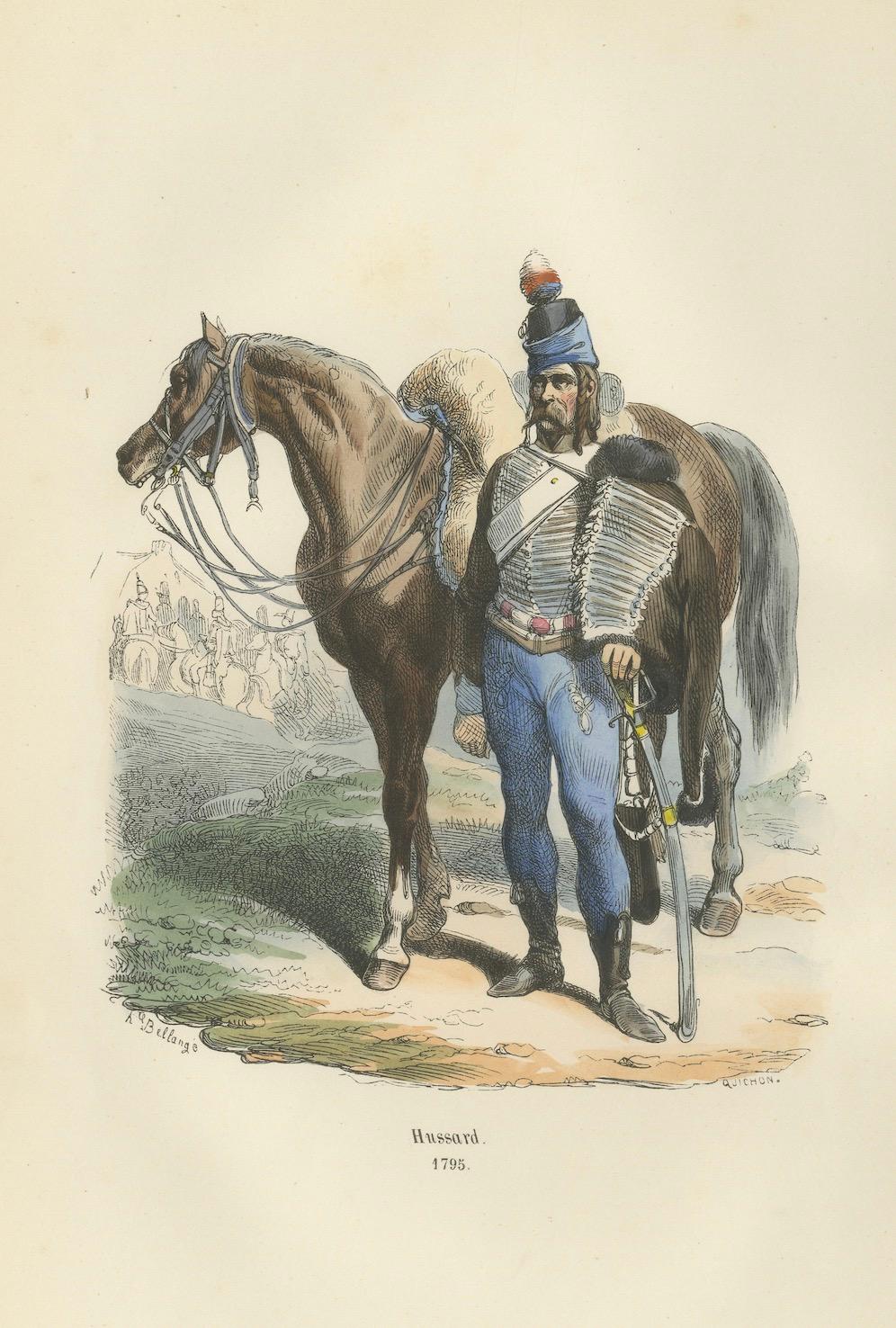 French Hussar with Horse 1795, Napoleonic Era Military Uniform Print, 1843