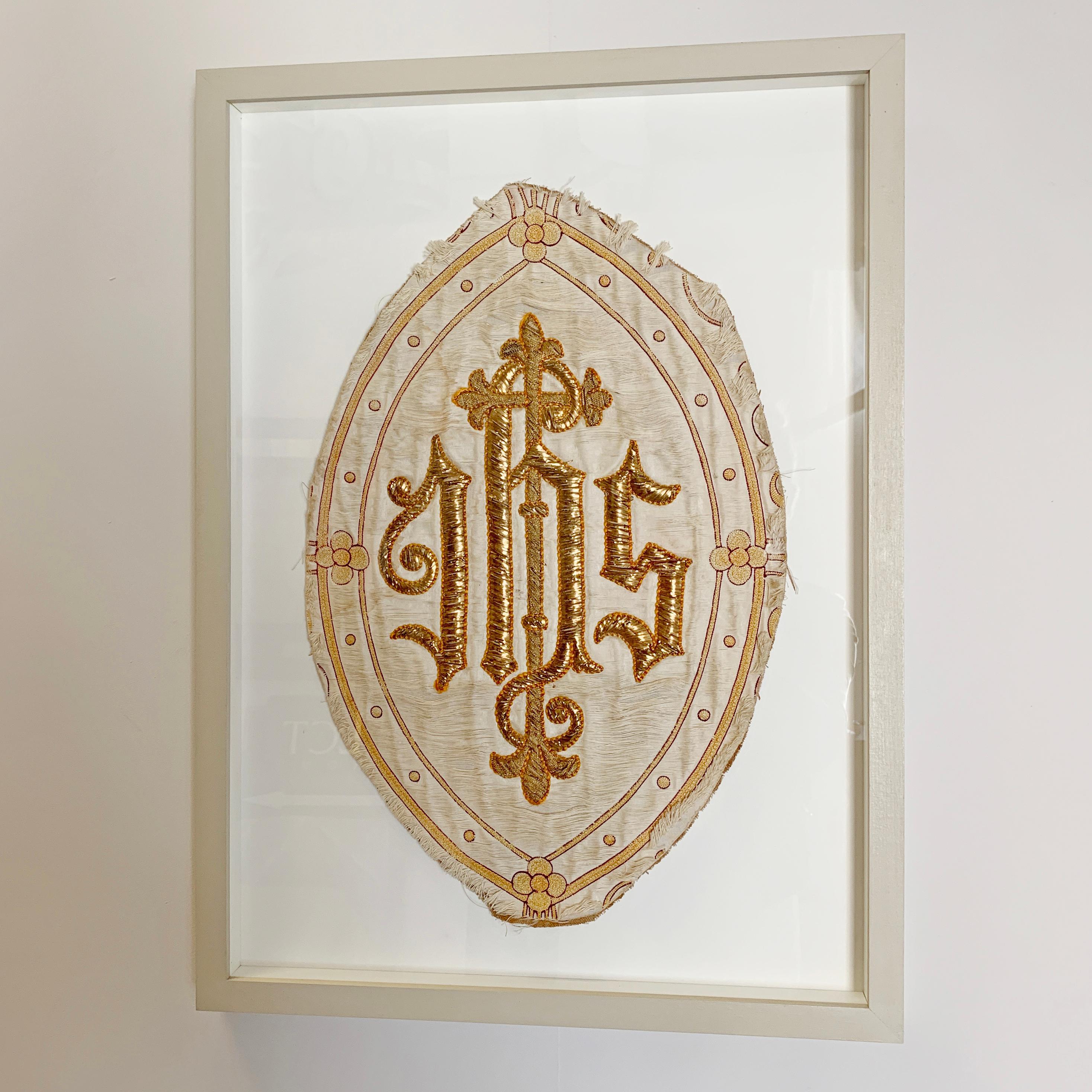 Antique French Ihs embroidered religious panel
IHS - In His Service
Religious French embroidery from a church panel or robe/gown
The base fabric is an off white color cotton, the IHS initials are in thick gold ribbon type thread
1800s-1900s