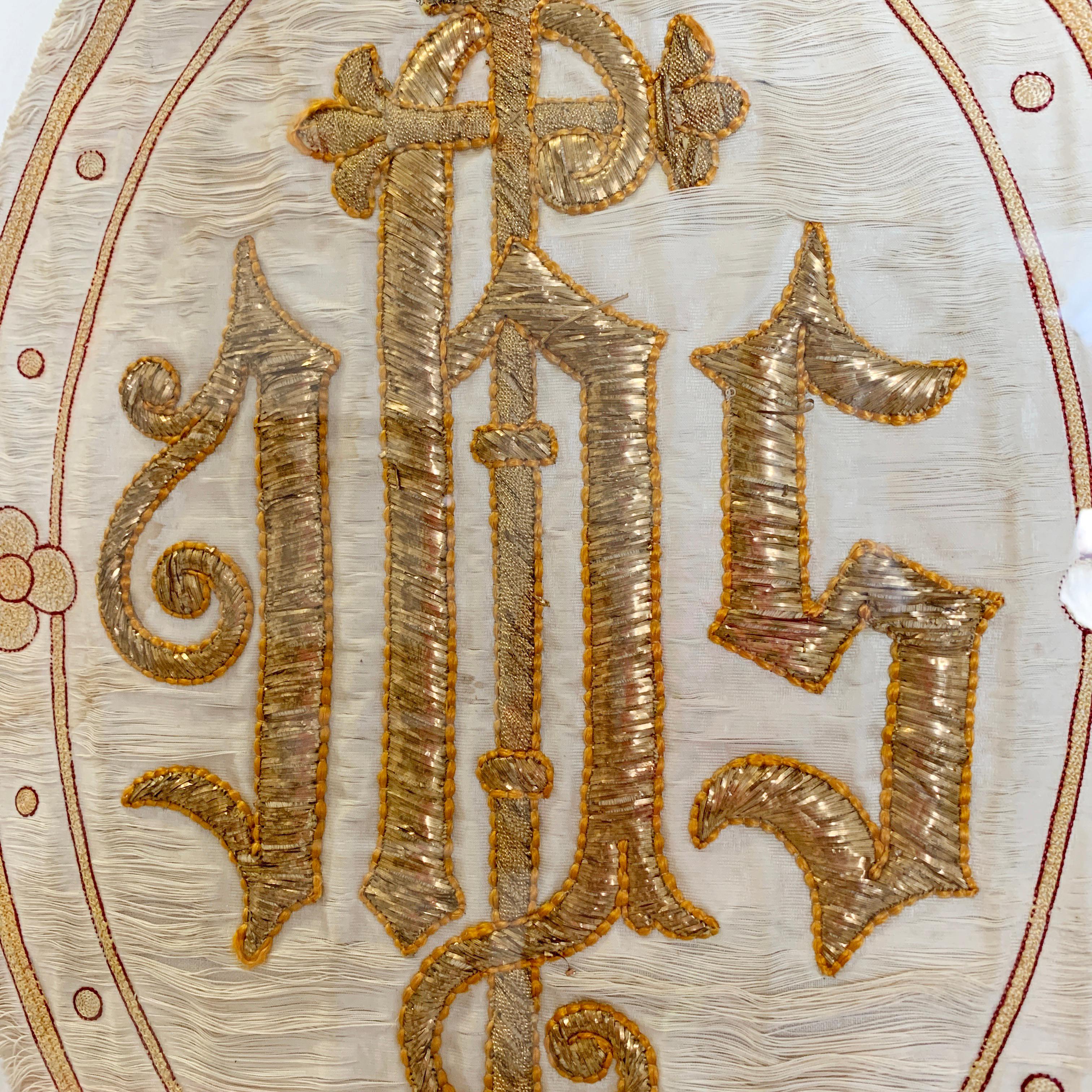 Hand-Crafted French 'IHS' Embroidered Religious Panel