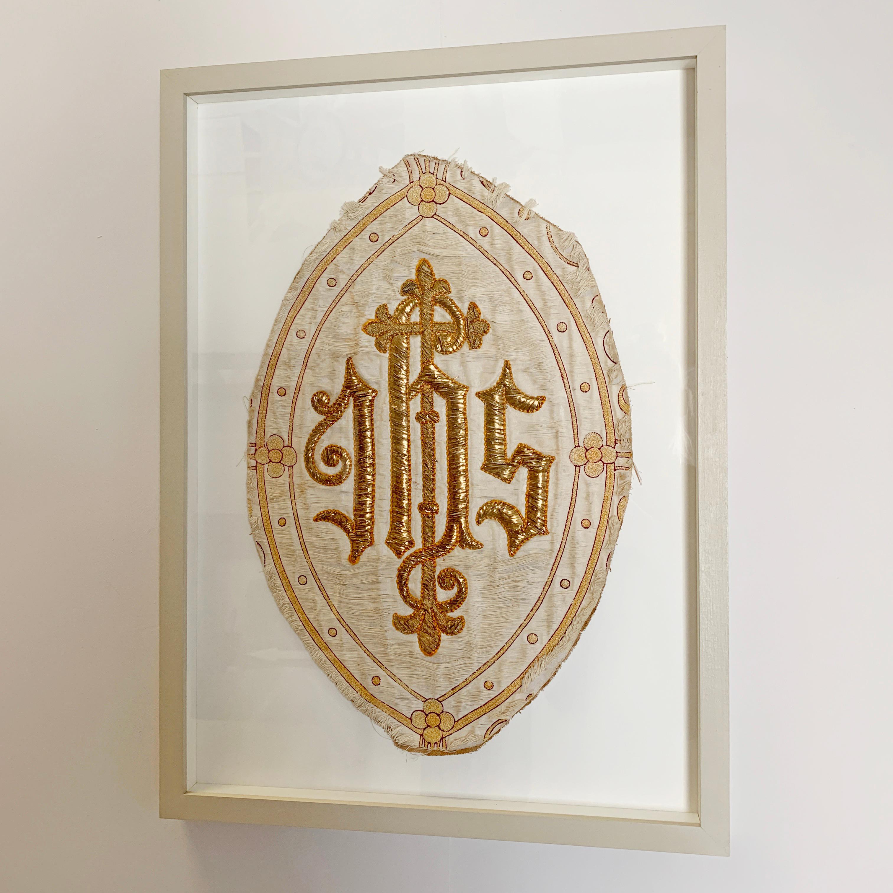 Cotton French 'IHS' Embroidered Religious Panel