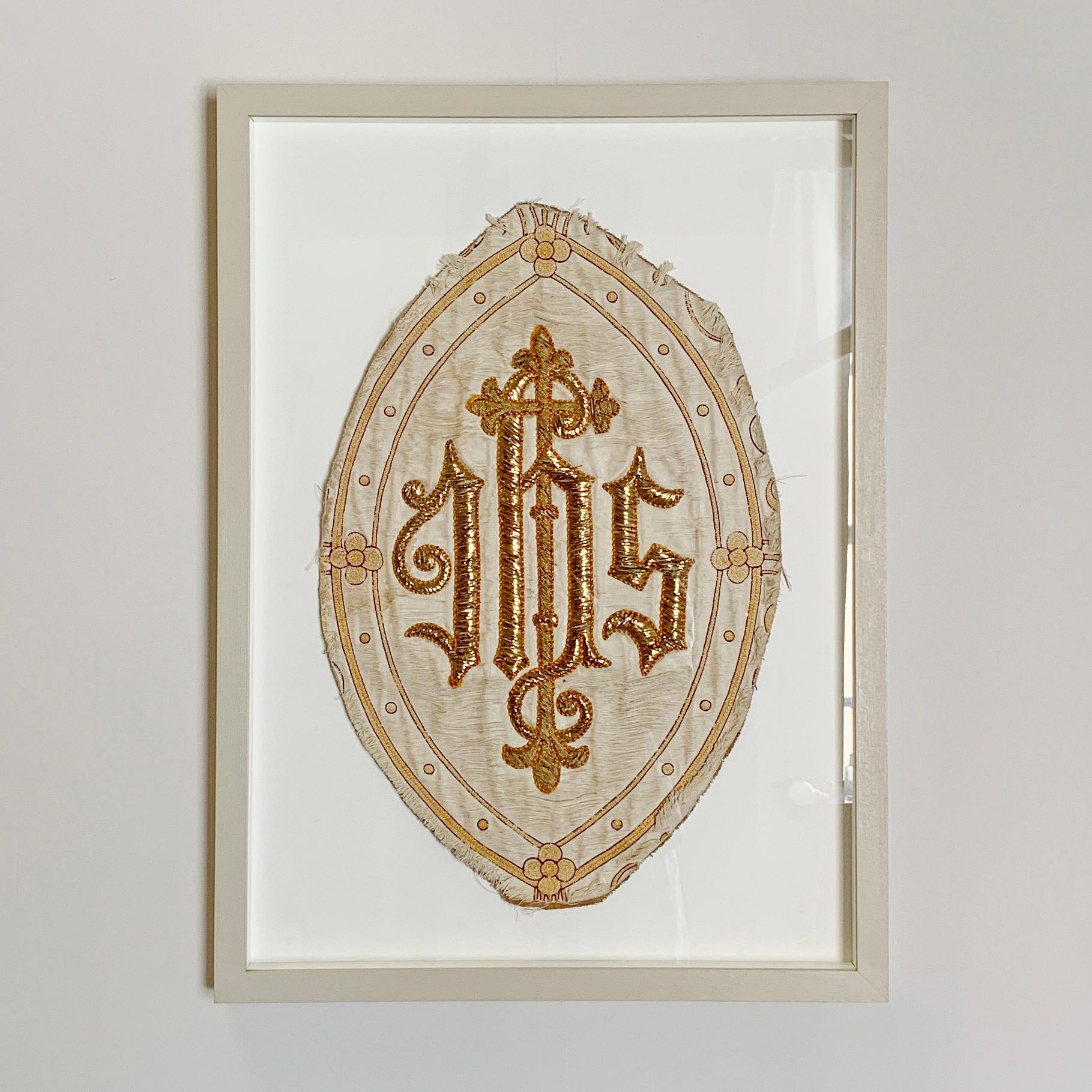 French 'IHS' Embroidered Religious Panel 1