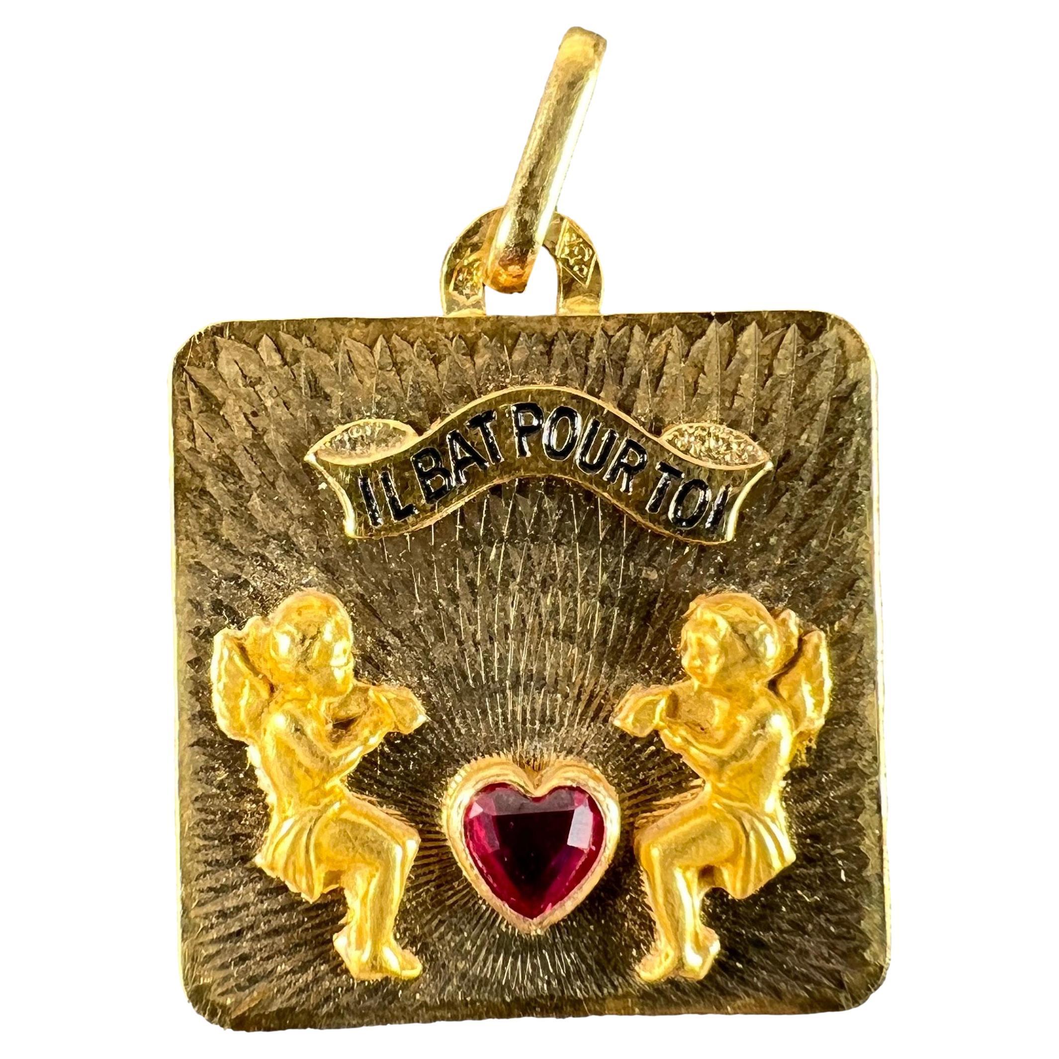 Francese Il Bat Pour Toi Il mio cuore batte per te Ciondolo d
amore in oro giallo 18K con rubino