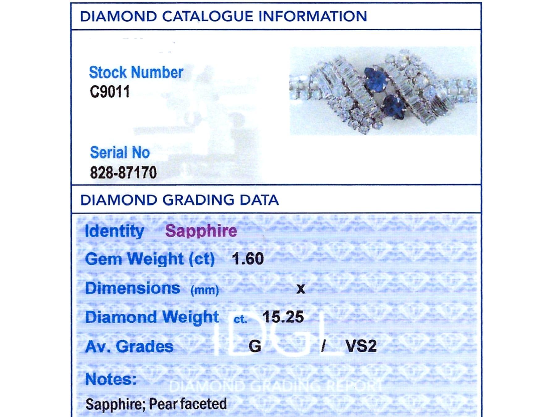 French Import 1.60 Carat Ceylon Sapphire 15.25 Carat Diamond Platinum Bracelet For Sale 8