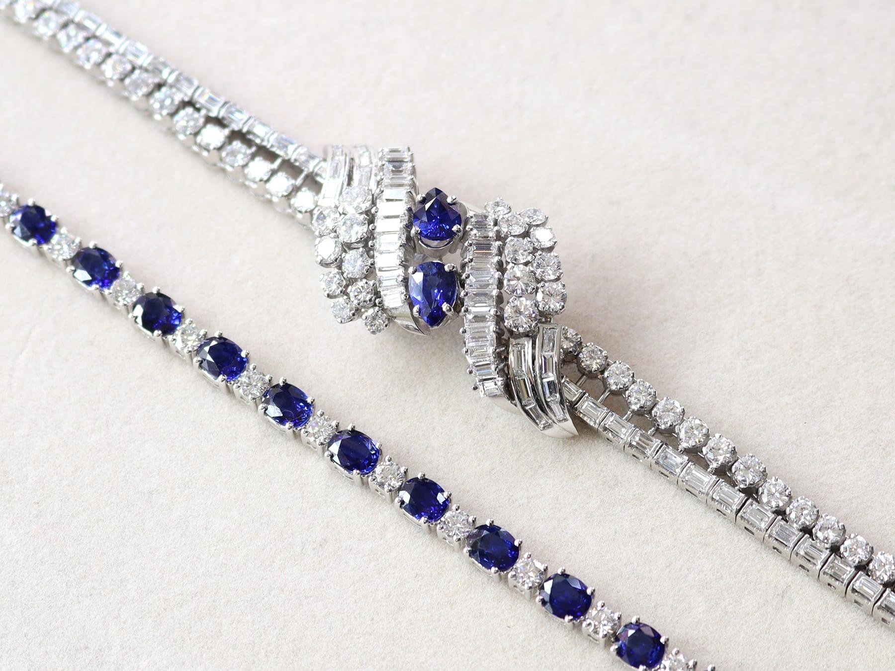French Import 1.60 Carat Ceylon Sapphire 15.25 Carat Diamond Platinum Bracelet In Excellent Condition For Sale In Jesmond, Newcastle Upon Tyne