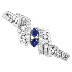 Vintage French Import 1.60 Carat Ceylon Sapphire 15.25 Carat Diamond Platinum Bracelet