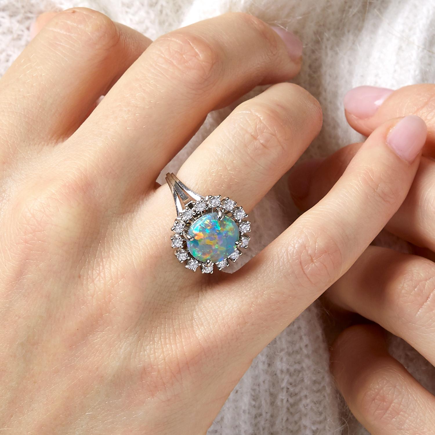 Retro French Important Black Opal Diamond and White Gold Ring