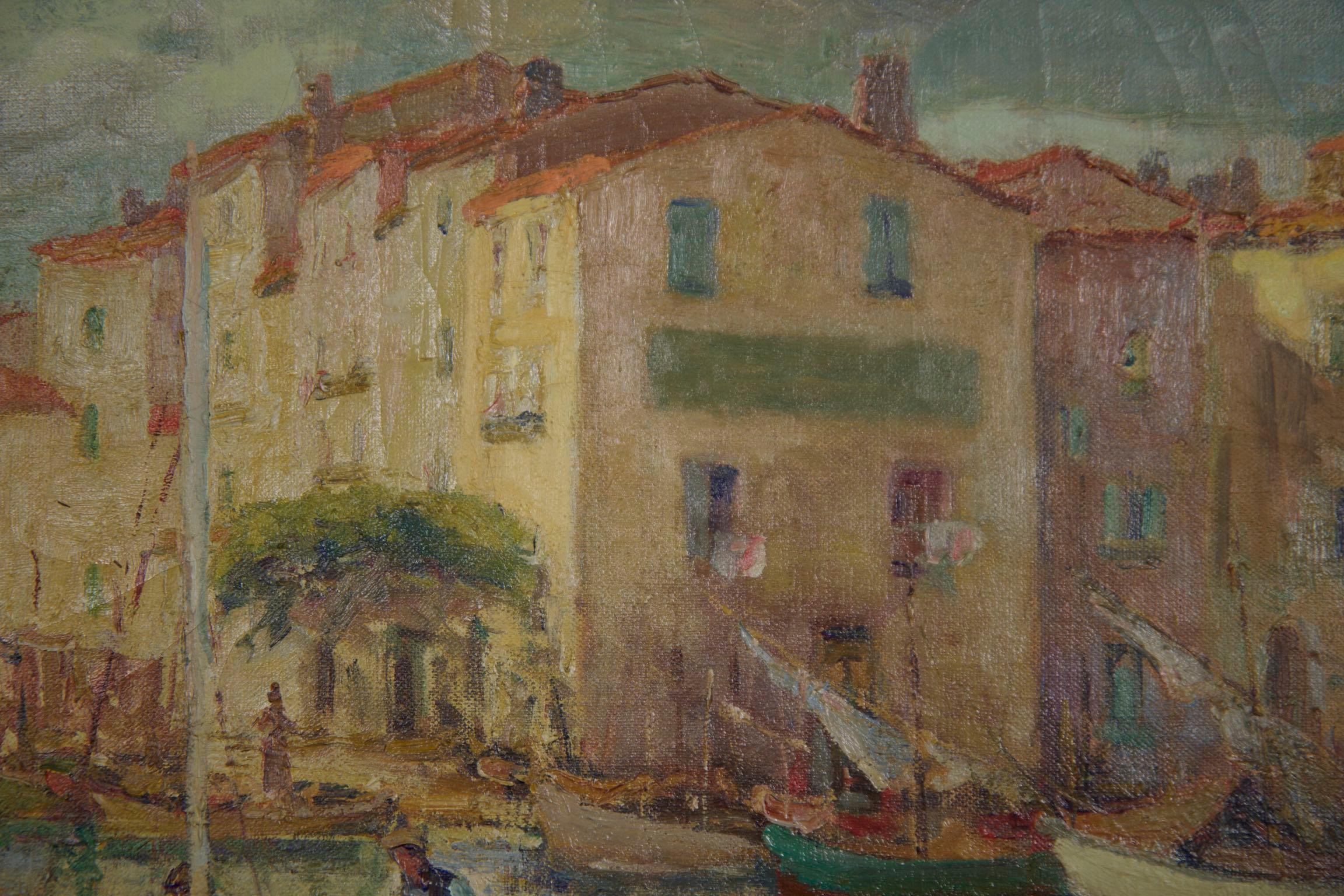 French Impressionism Antique Oil Painting of Fishing Harbor by Paul Balmigere 4