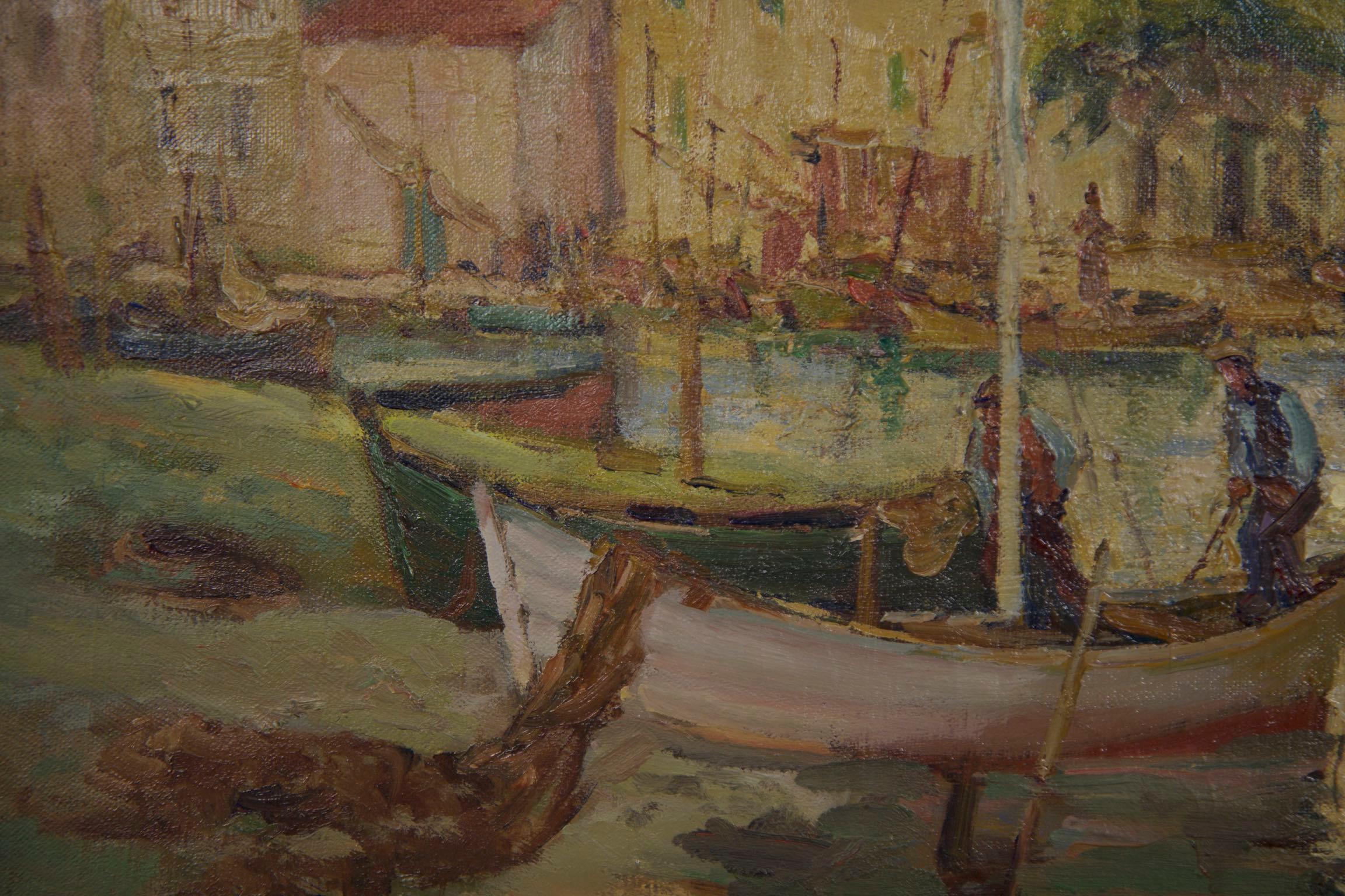 French Impressionism Antique Oil Painting of Fishing Harbor by Paul Balmigere 5