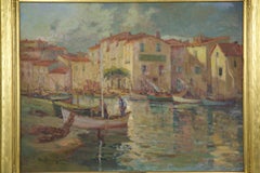 French Impressionism Antique Oil Painting of Fishing Harbor by Paul Balmigere
