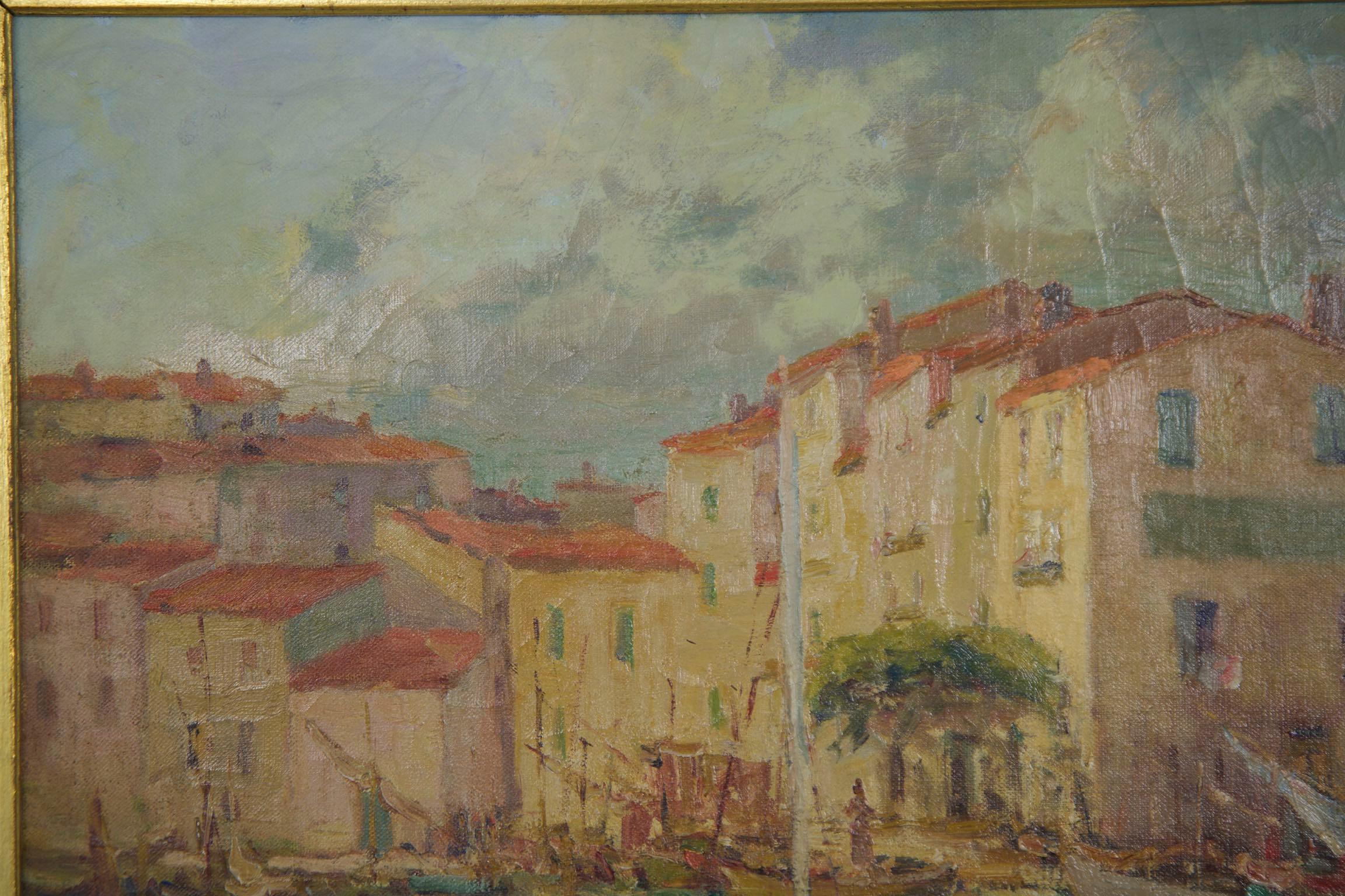 Hand-Painted French Impressionism Antique Oil Painting of Fishing Harbor by Paul Balmigere