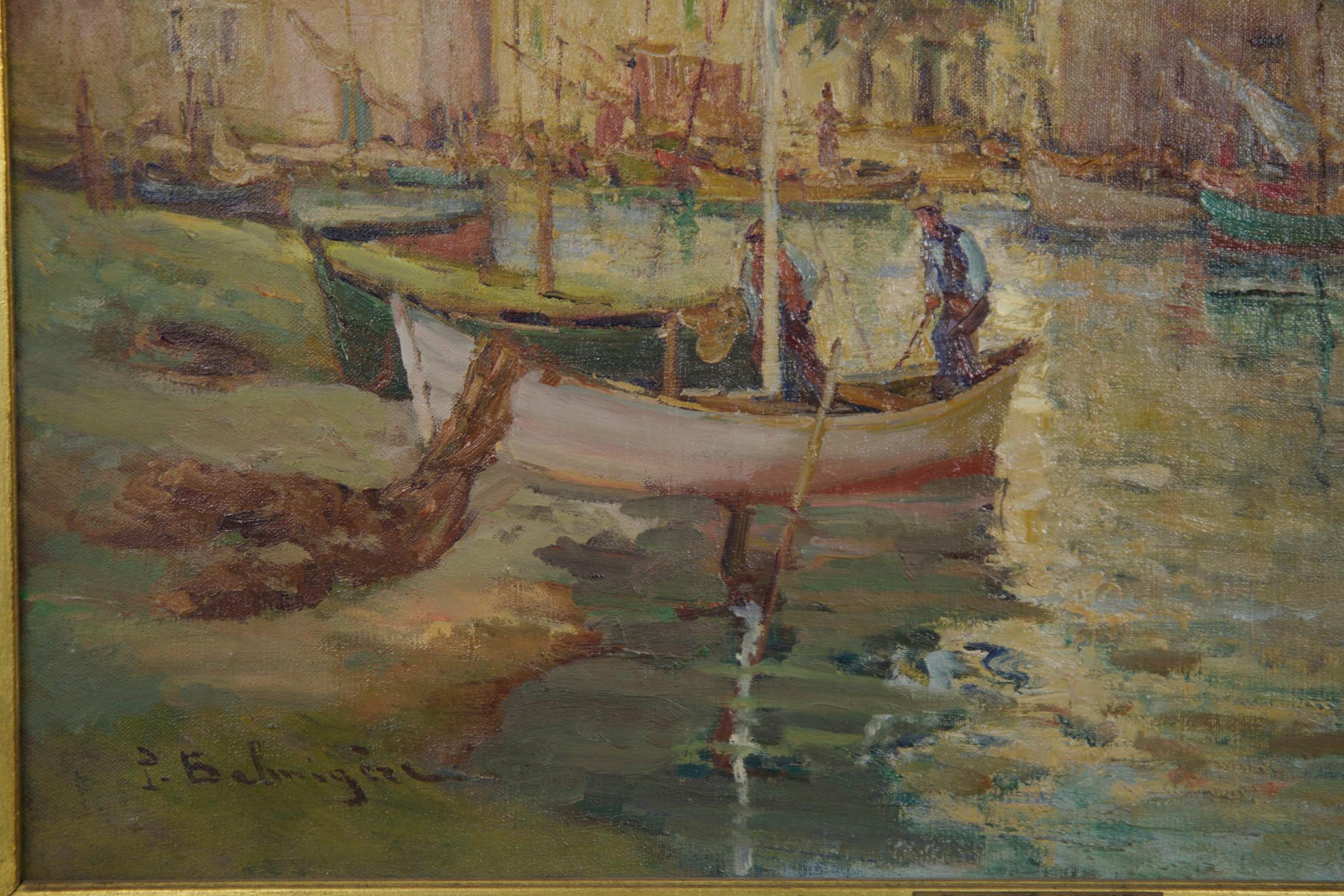 French Impressionism Antique Oil Painting of Fishing Harbor by Paul Balmigere In Good Condition In Shippensburg, PA