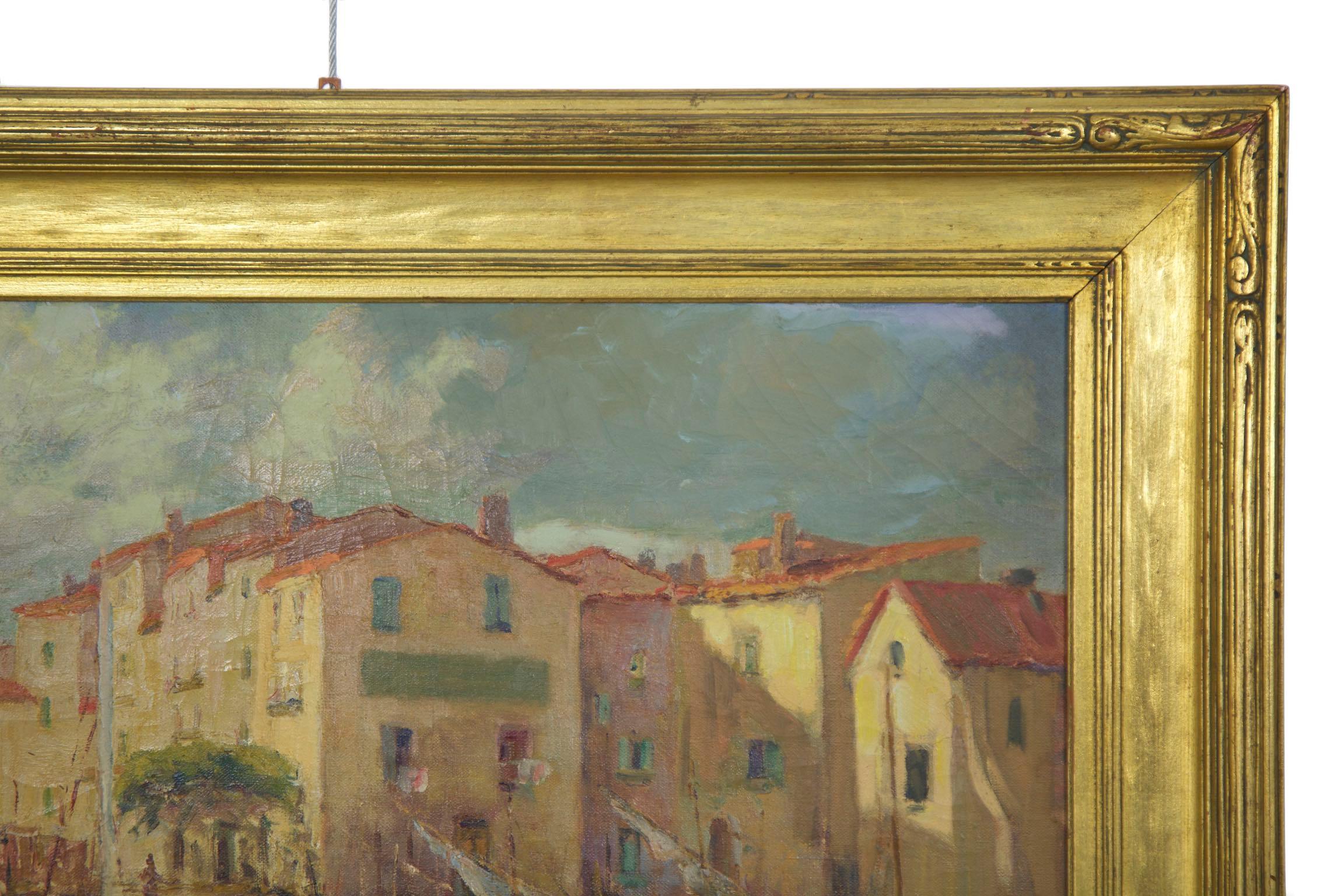 Canvas French Impressionism Antique Oil Painting of Fishing Harbor by Paul Balmigere