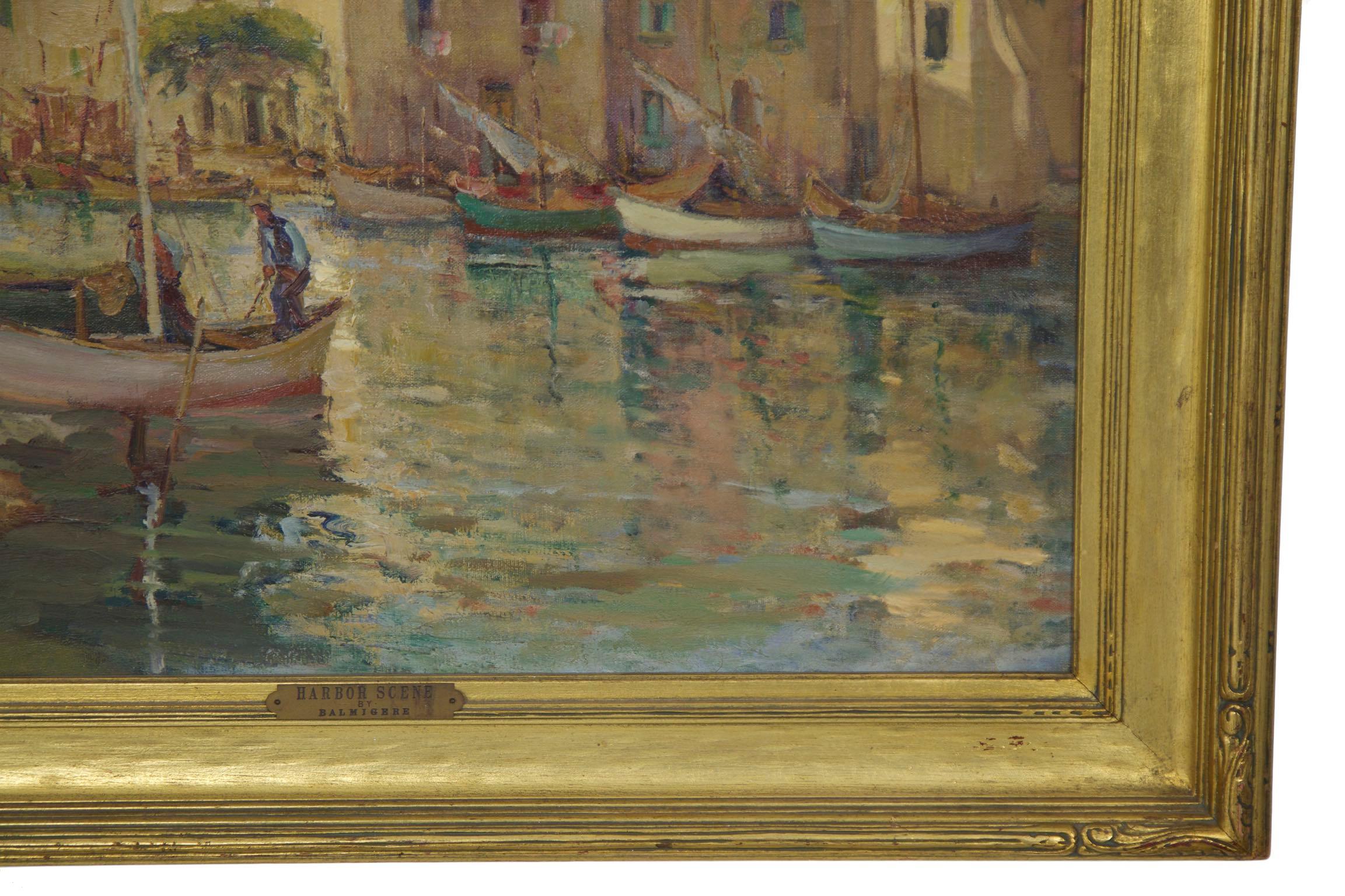 French Impressionism Antique Oil Painting of Fishing Harbor by Paul Balmigere 1