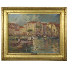 French Impressionism Vintage Oil Painting of Fishing Harbor by Paul Balmigere