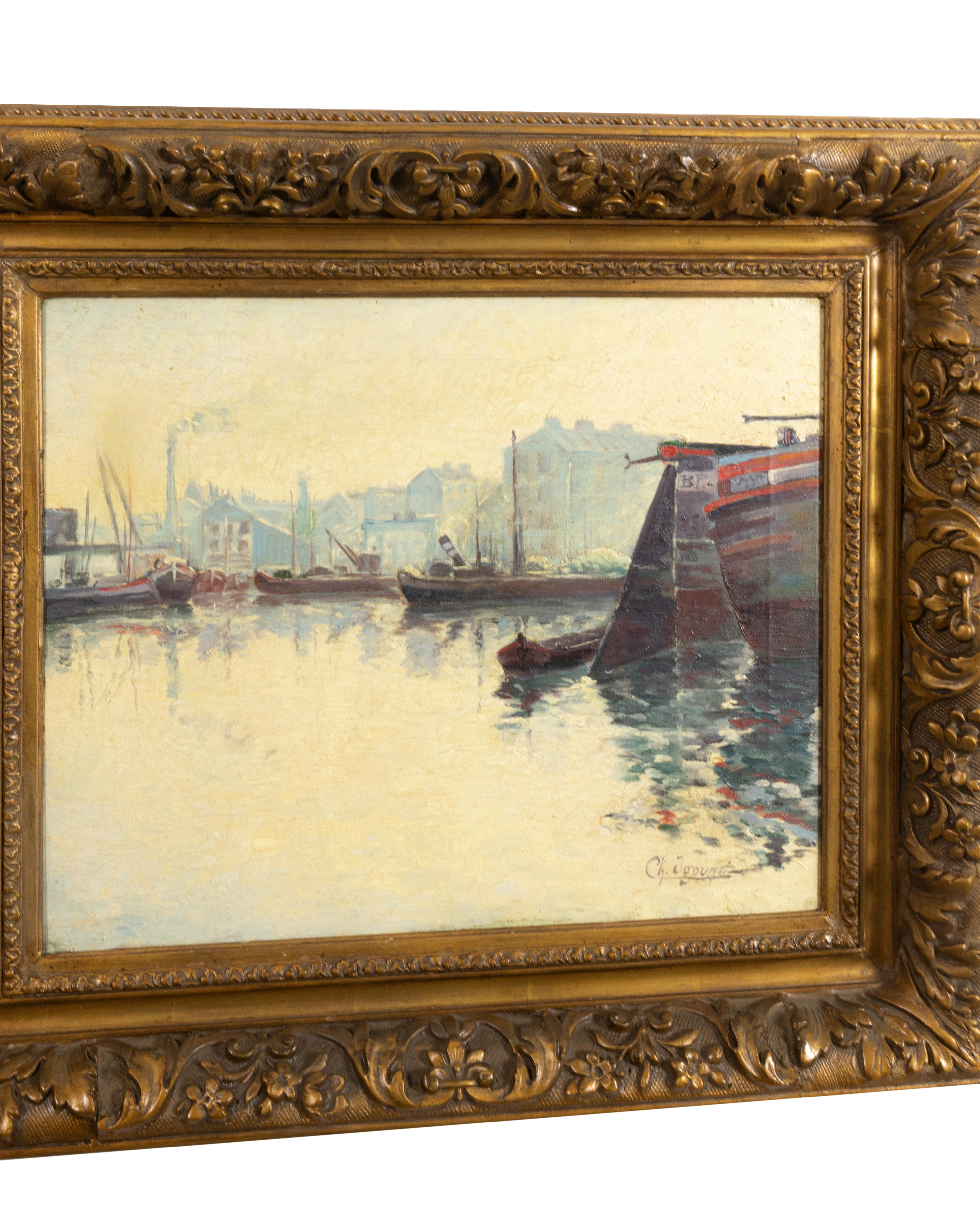 Une exquise peinture impressionniste française avec un thème nautique et des bateaux sombres sur la jetée - un paysage marin serein portant la signature 