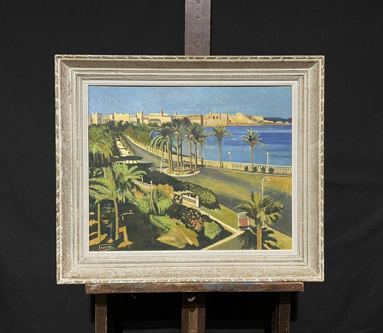 Large Mid 20th Century French Signed Oil Cote d' Azur coastal town - Antibes? - Painting by French Impressionist