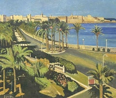 Large Mid 20th Century French Signed Oil Cote d' Azur coastal town - Antibes?