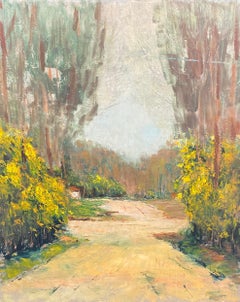 Large French Impressionist Vintage Oil Painting Golden Yellow Sunlit Pathway