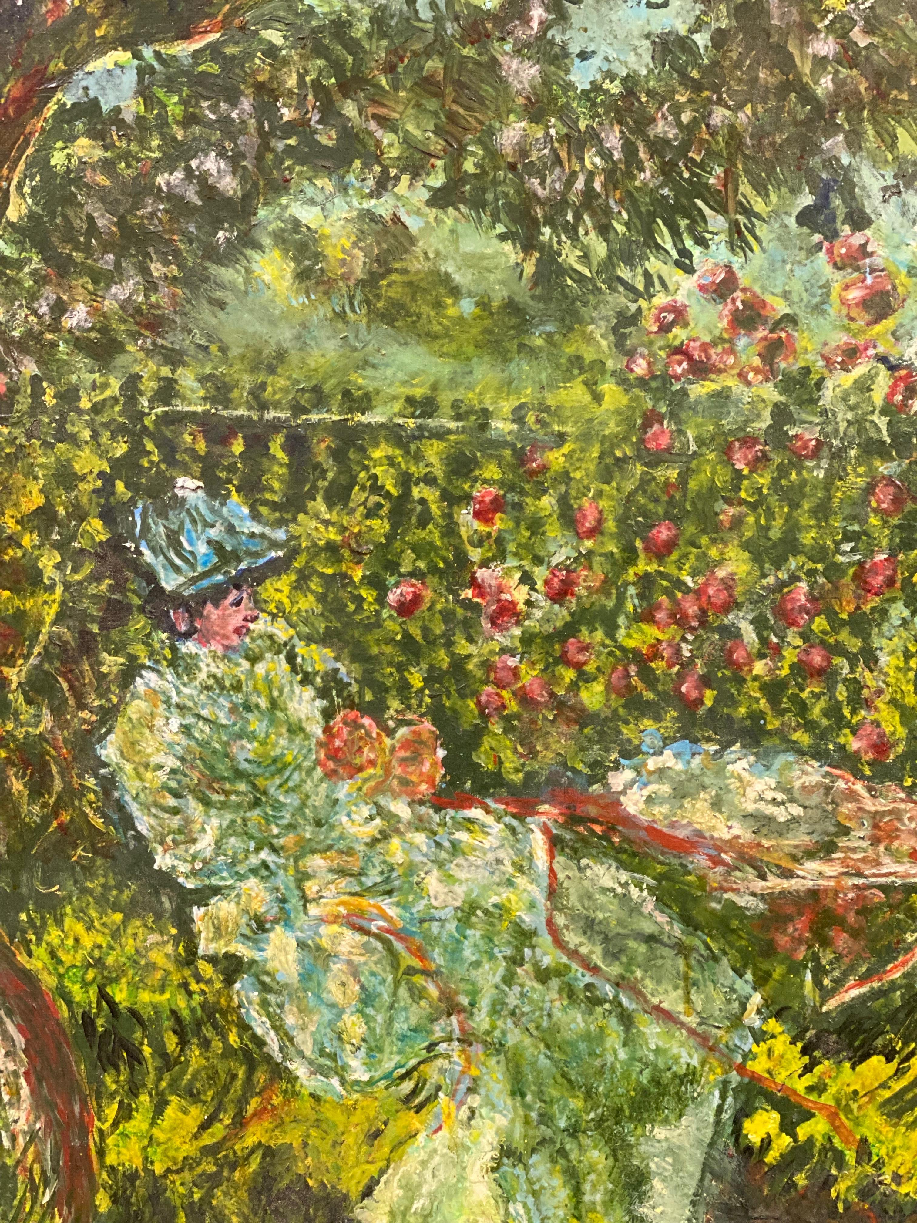 Schöner französischer Impressionist Öl Dame liest im Blumengarten – Painting von French Impressionist