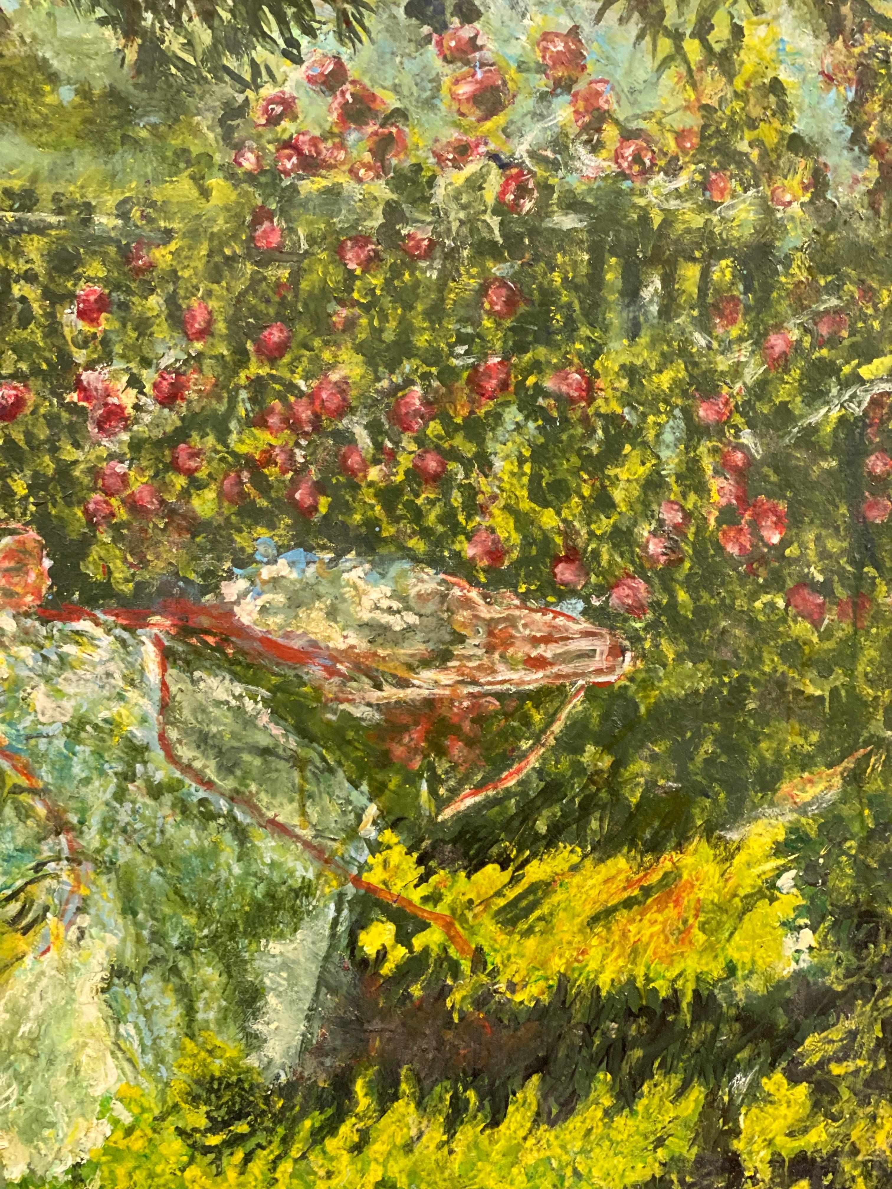 Magnifique dame impressionniste française lisant dans un jardin de fleurs - Marron Figurative Painting par French Impressionist