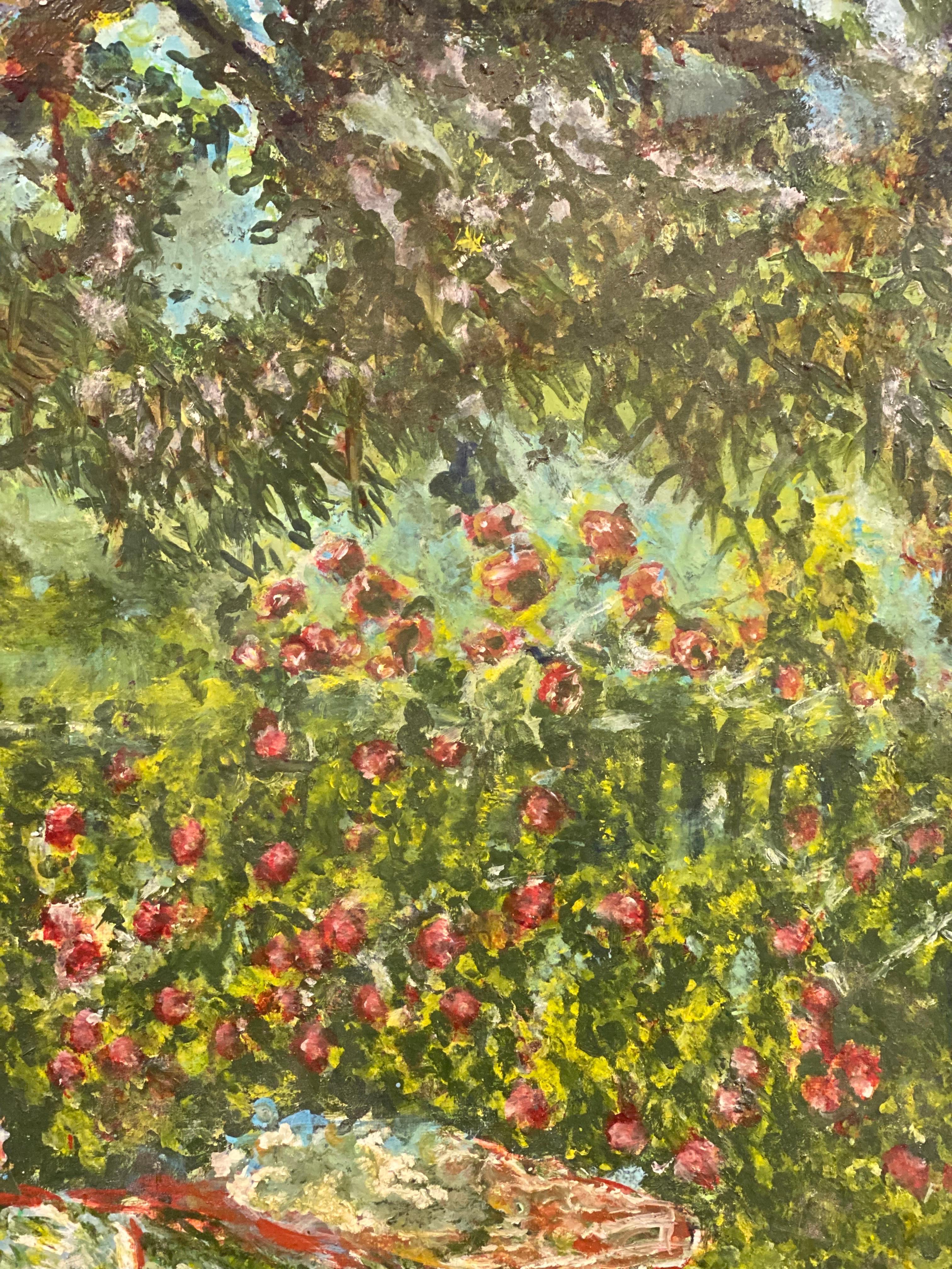 Bellissimo olio impressionista francese La signora che legge nel giardino fiorito - Figurative Painting Marrone di French Impressionist