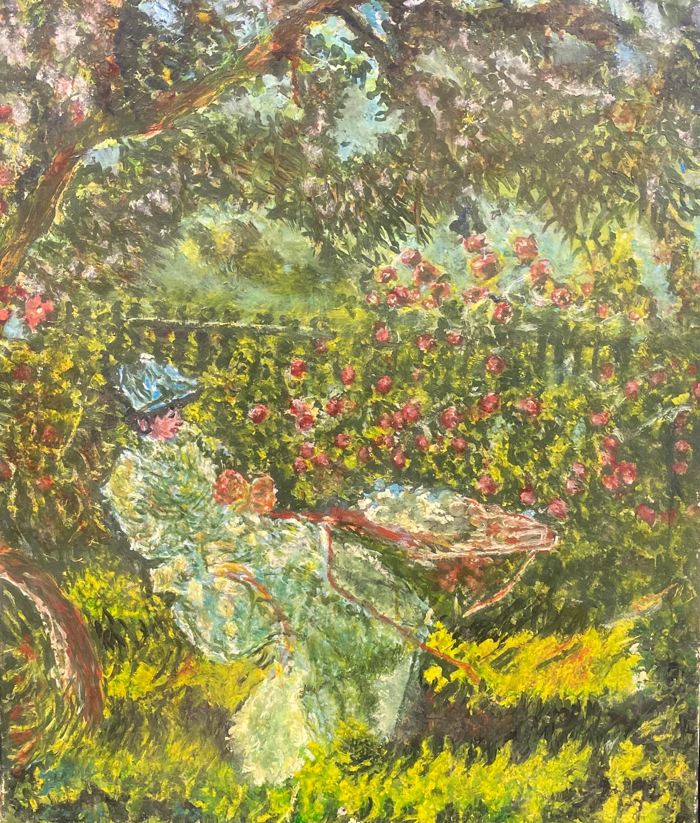 Figurative Painting French Impressionist - Magnifique dame impressionniste française lisant dans un jardin de fleurs