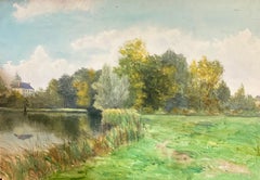 Bright French Impressionist Antique Painting - Tranquil River Landscape