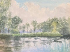 Bright French Impressionist Antique Painting - Willow Trees by the River