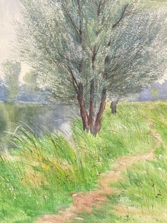 French Early 20th Century River Landscape Willows Watercolour Painting Card