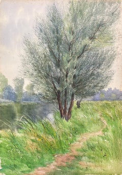 Bright French Impressionist Antique Painting - Willow Trees by the River