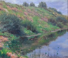 Fine Antique French Impressionist Signed Oil Sludgy Green River Landscape (Paesaggio del fiume verde)