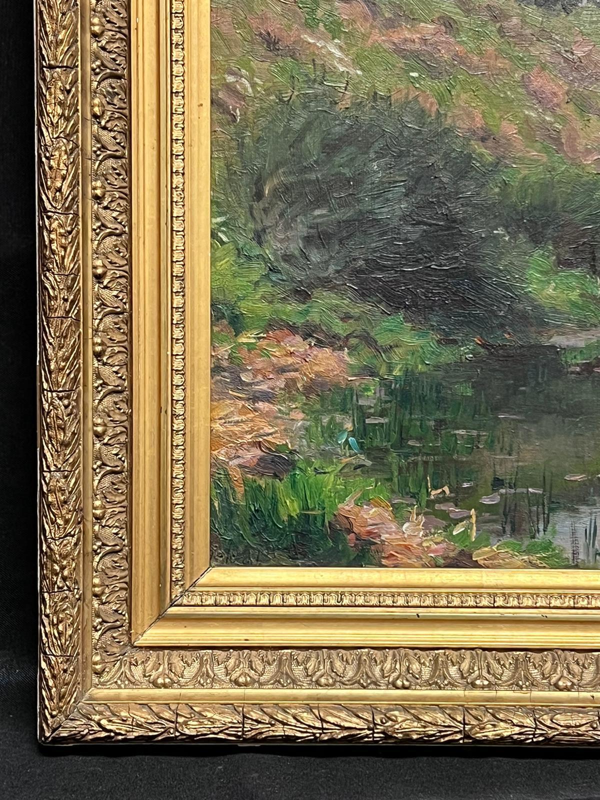 Fine Antique French Impressionist Signed Oil Sludgy Green River Landscape  For Sale 2