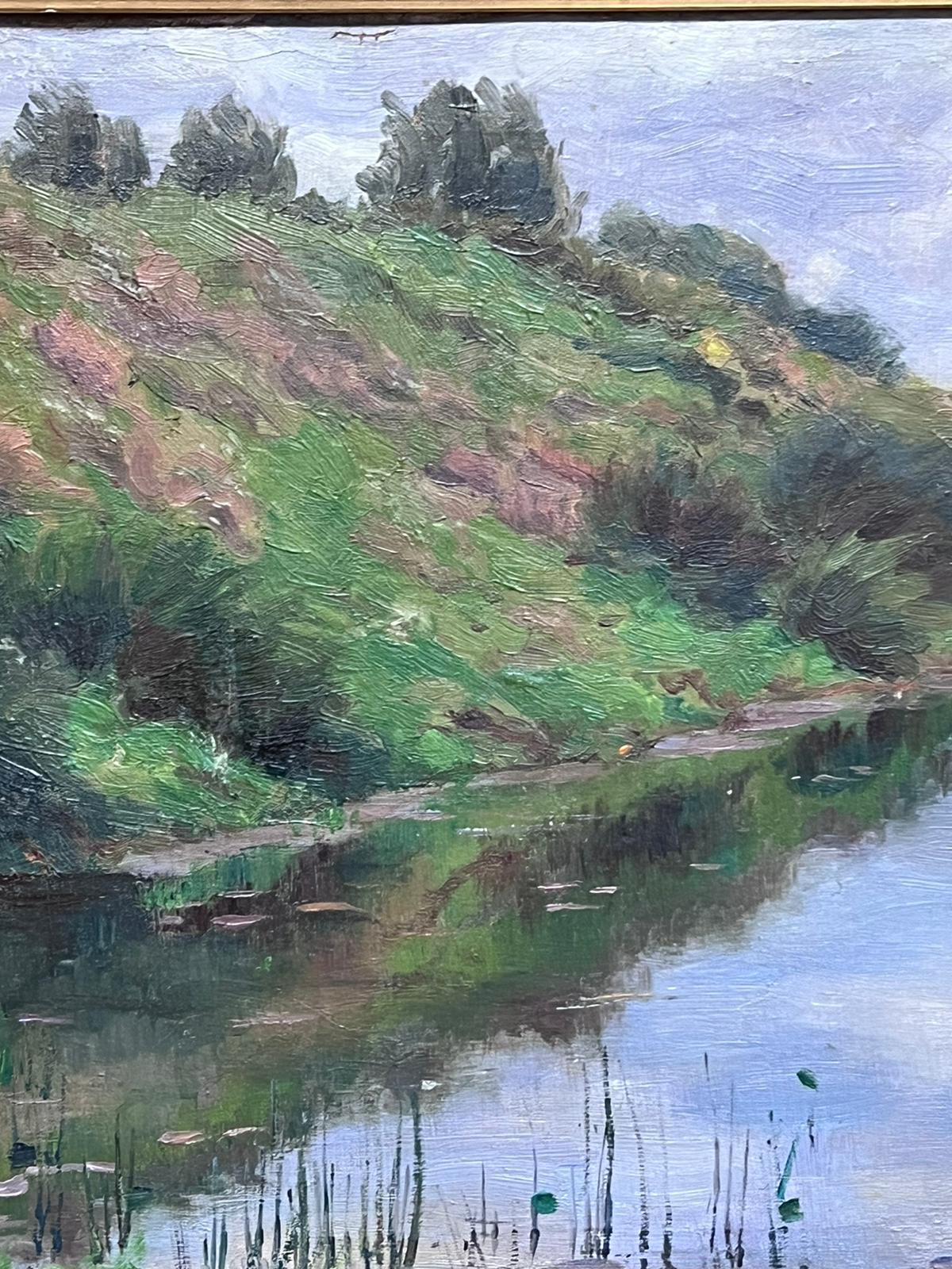 Fine Antique French Impressionist Signed Oil Sludgy Green River Landscape  For Sale 3